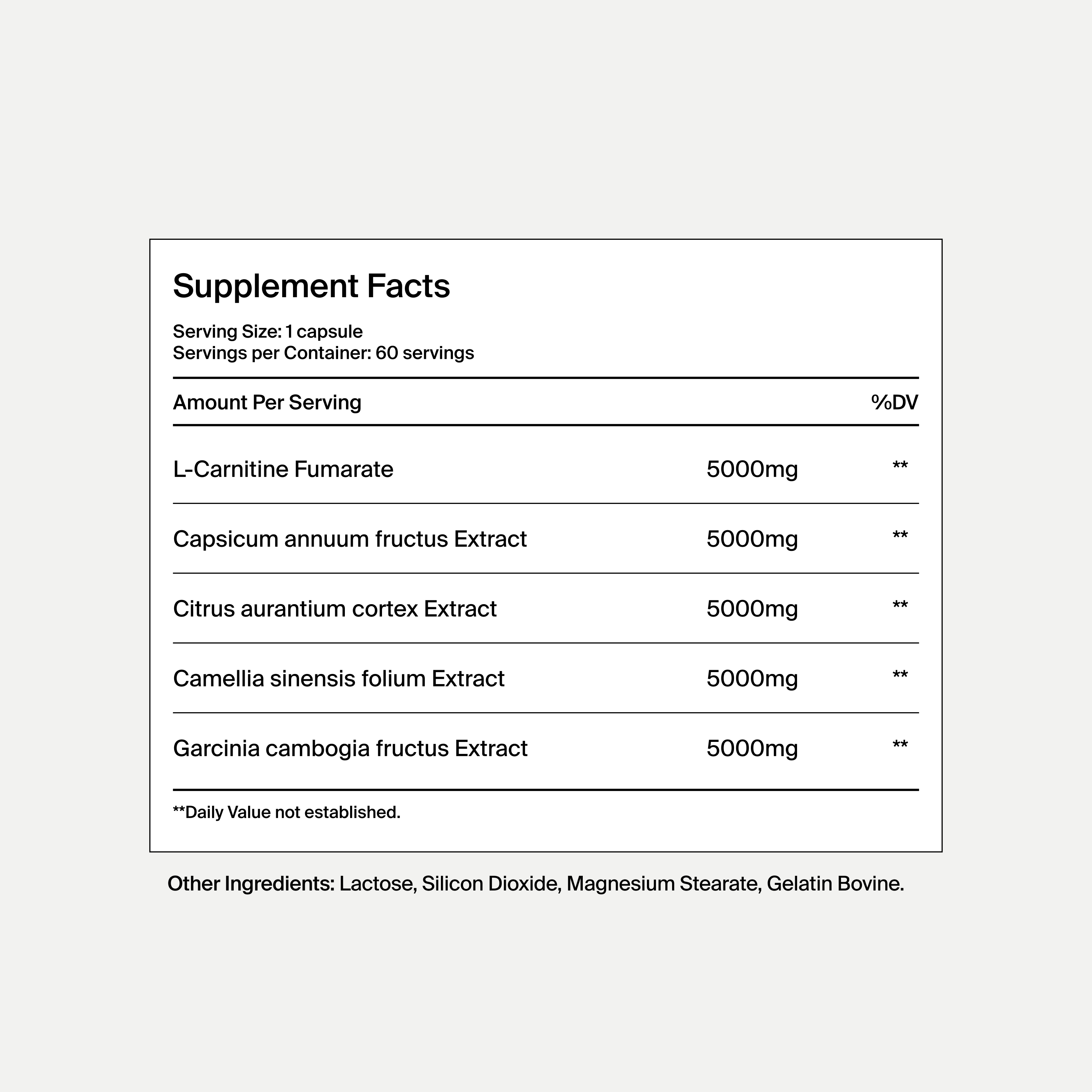 Trimify supplement facts label with various extracts and their amounts on a white background