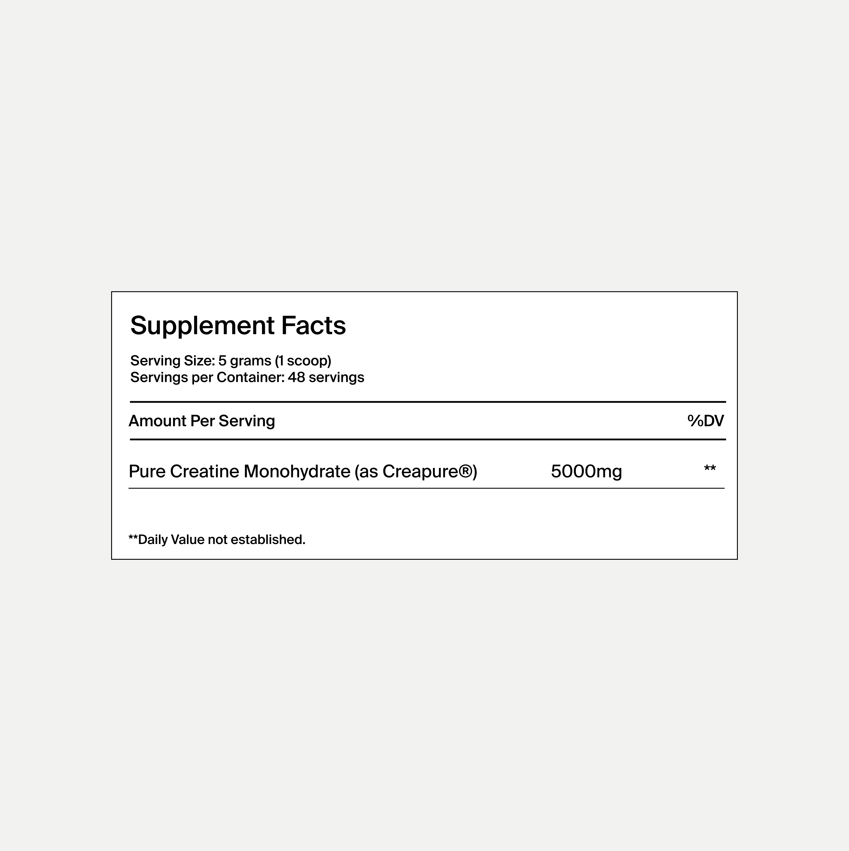 Supplement facts label for a product with 5000mg of pure creatine monohydrate per serving on a white background.